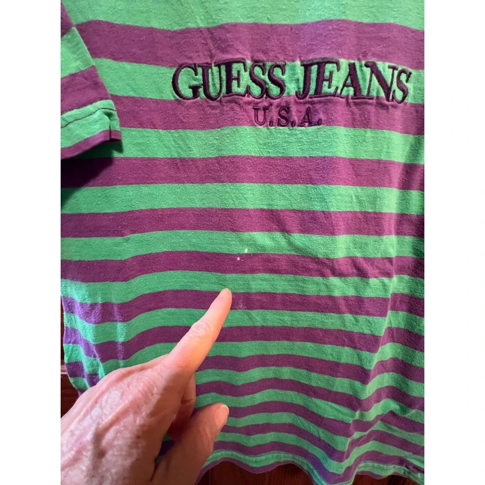 Vintage Guess Jeans USA Striped T-Shirt Green Purple Georges Marciano Small - Picture 4 of 5